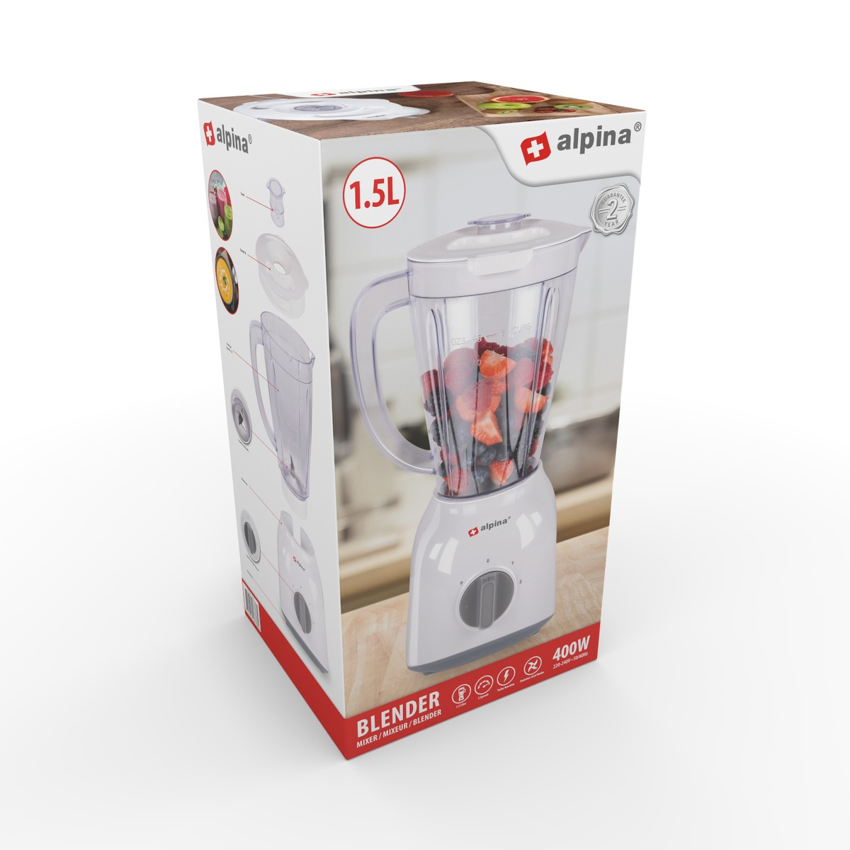 A white blender with 1.5L capacity and fruits in the container.