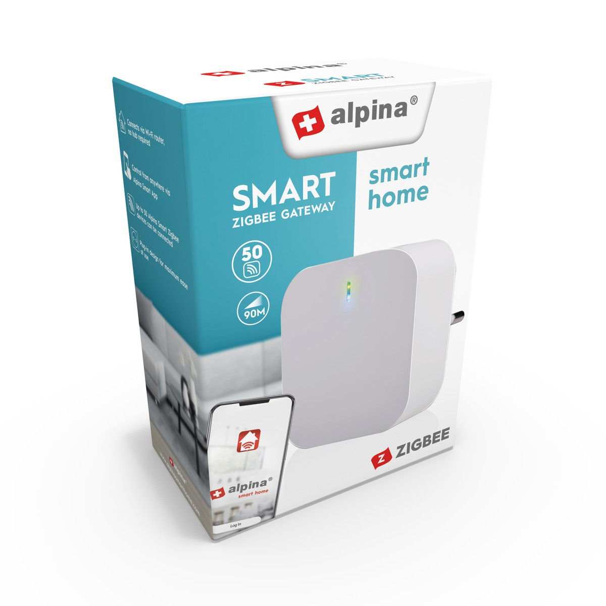 Gateway Zigbee Smart Alpina con dispositivo bianco, vista app e funzioni.