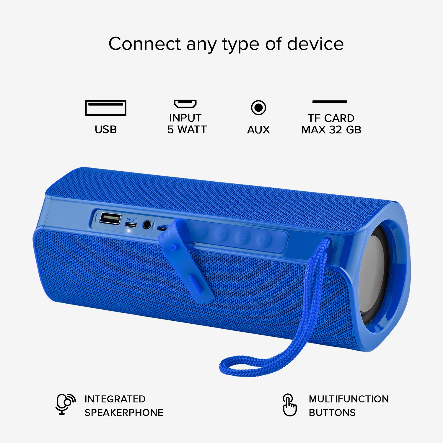 Altoparlante portatile blu con USB, ingresso 5W, AUX, scheda TF, vivavoce integrato e pulsanti.