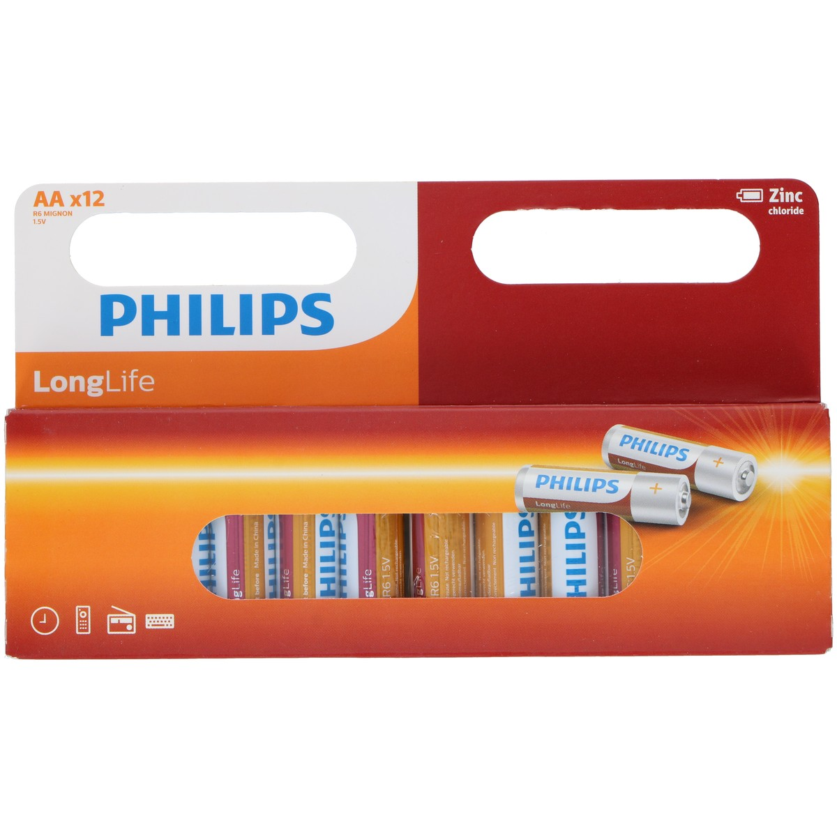 Philips AA x12 LongLife batteries, zinc chloride, with clock, radio, lamp icons.