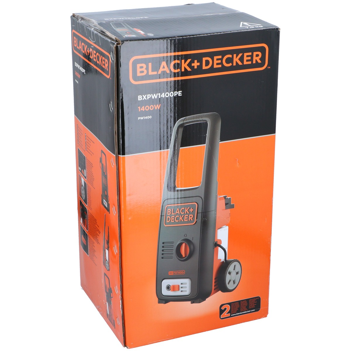 Scatola idropulitrice Black+Decker, modello BXPW1400PE, che mostra il prodotto.
