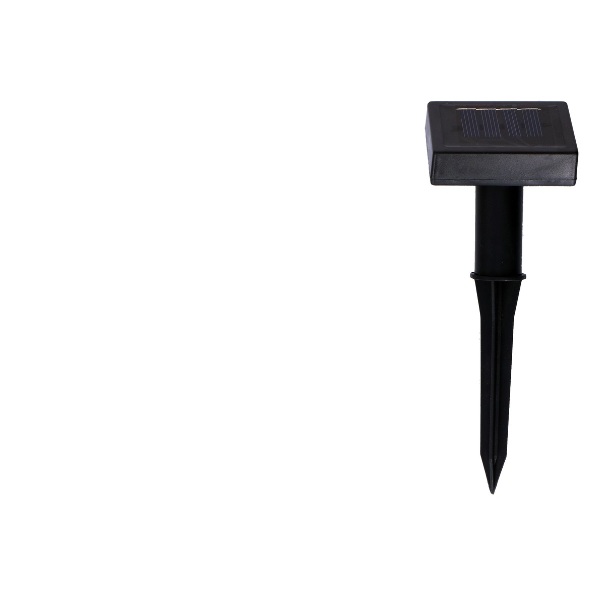Black ground stake with solar panel top on a white background.