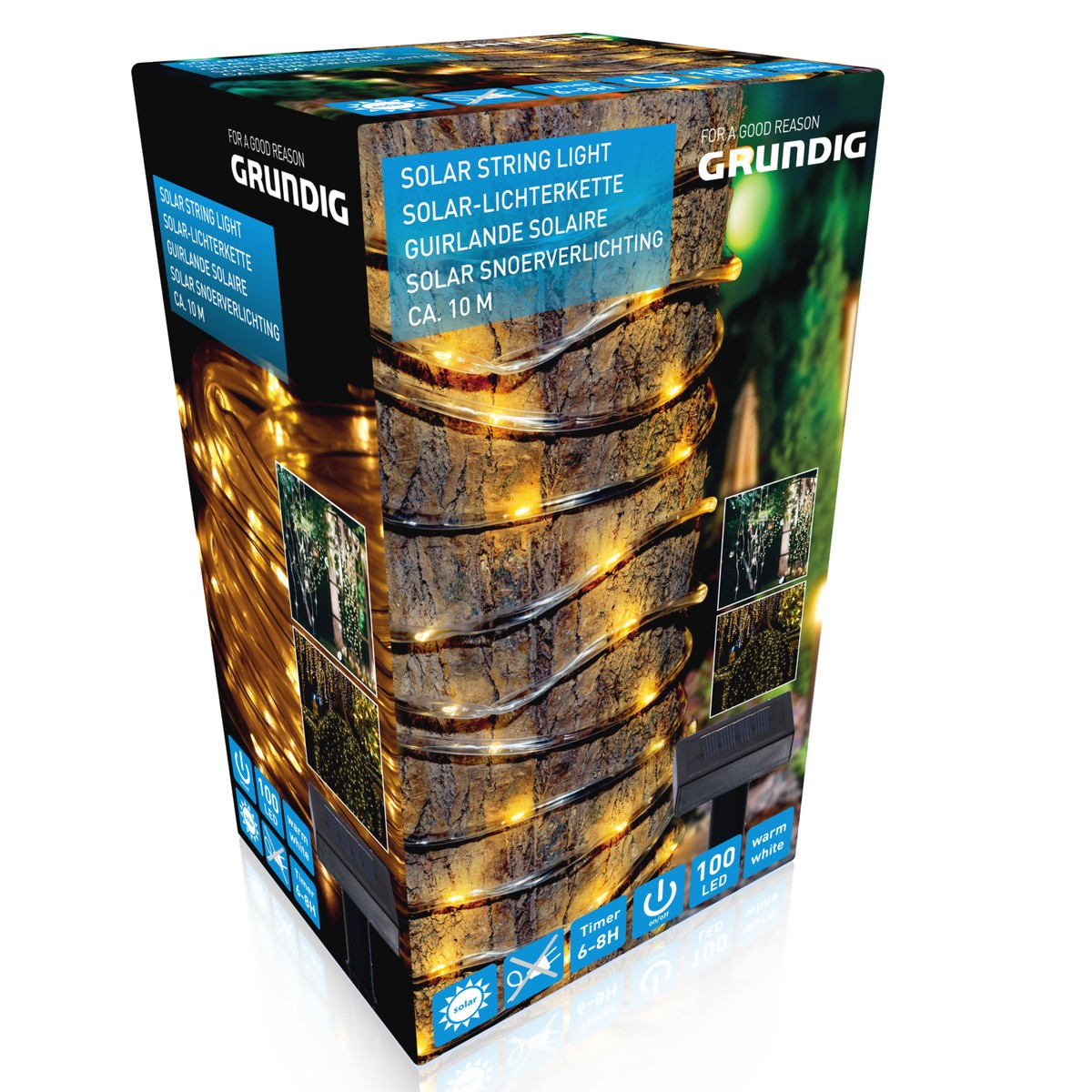 Grundig solar string light with 100 warm white LEDs, 10m long, with timer.