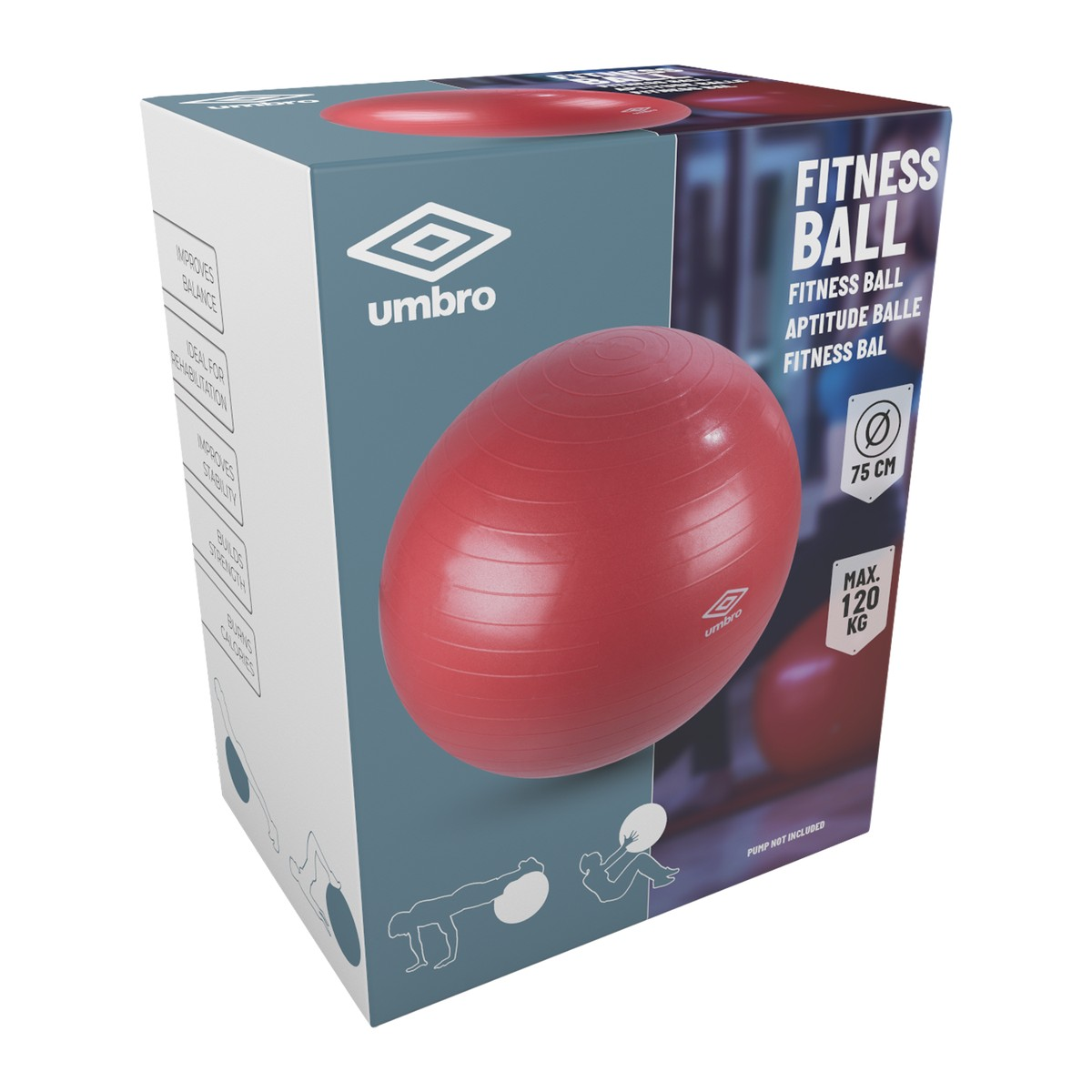 A red Umbro fitness ball box featuring a 75cm ball and benefit information.