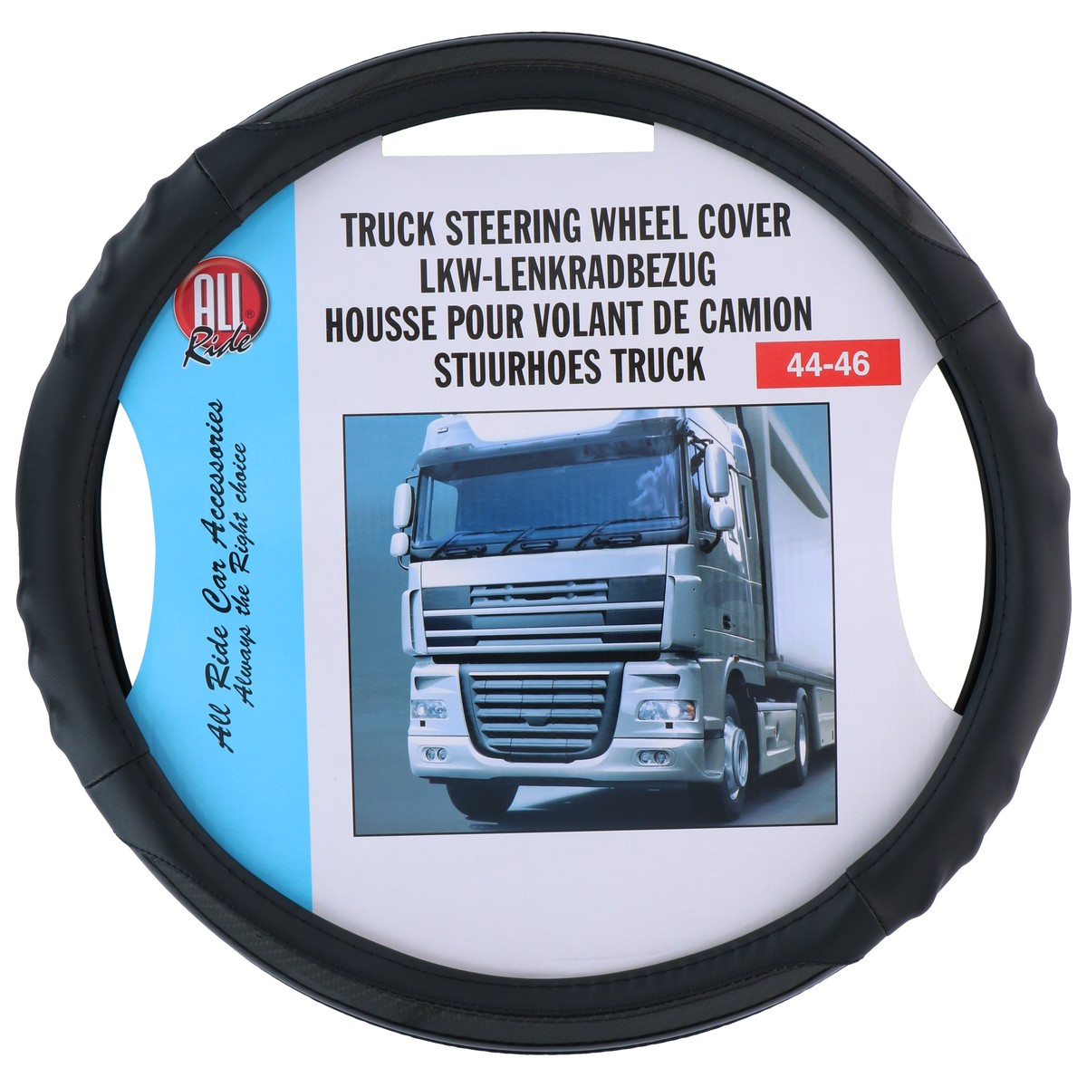 Black truck steering wheel cover showing a silver truck cab on packaging.