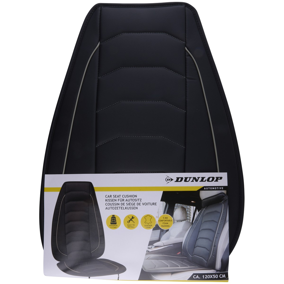 Black Dunlop car seat cushion with gray stitching and packaging.