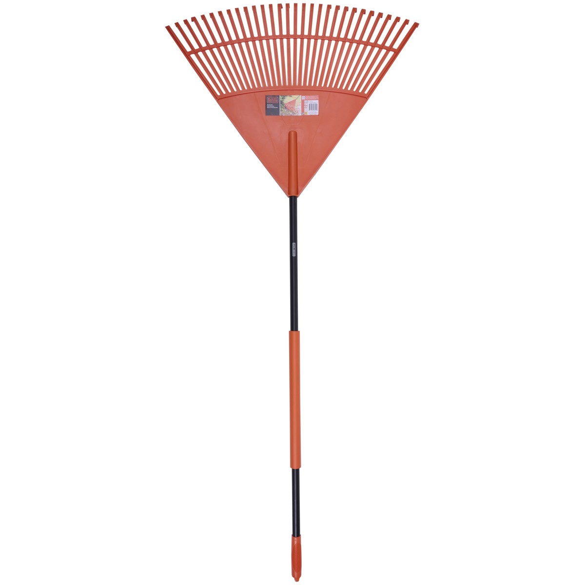 A fan rake with an orange head and tines, a black pole, and orange grips.