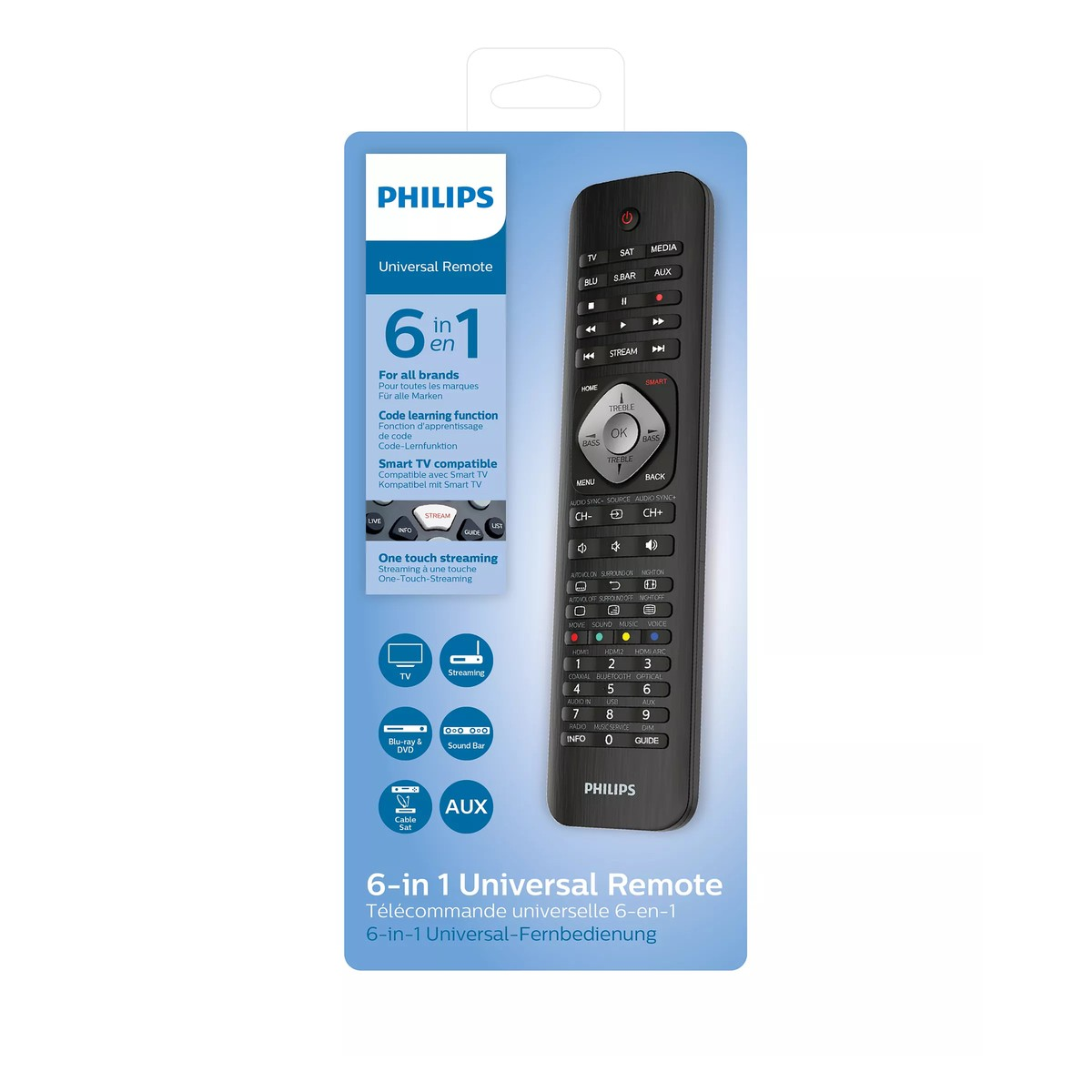 Black Philips 6-in-1 universal remote in packaging with labels.