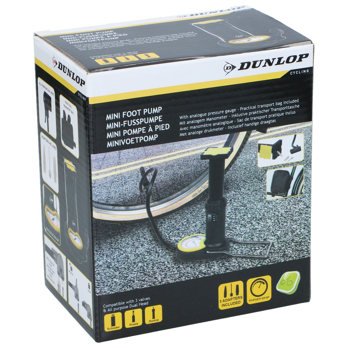 Verpackung einer schwarzen und gelben Dunlop Mini-Fußpumpe mit Analogeanzeige.