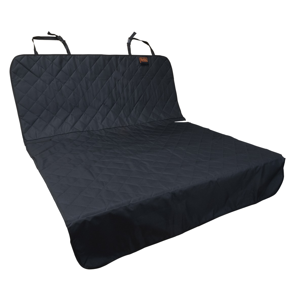 Black quilted car seat cover with straps for protection.
