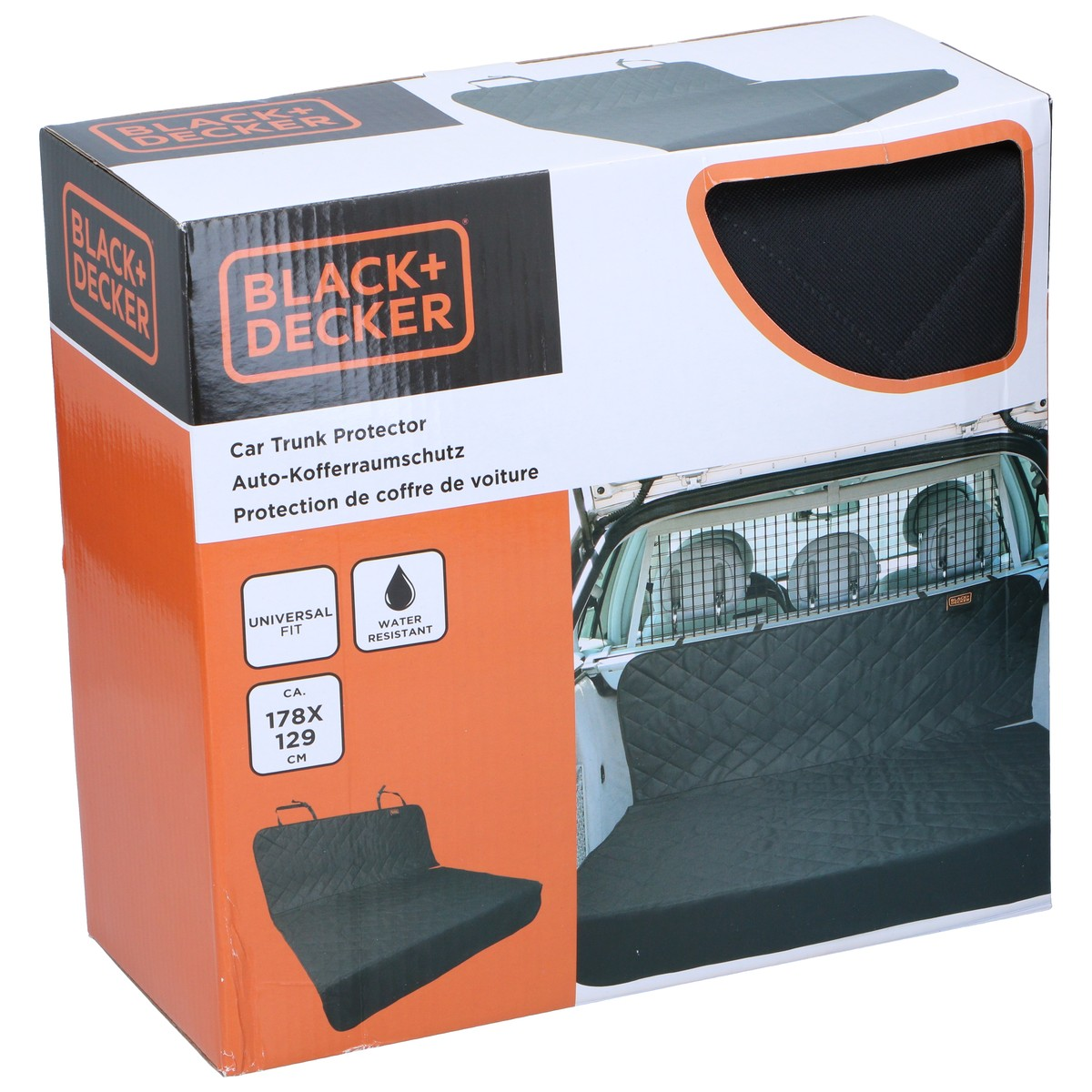 Packaging for a black quilted trunk protector with product image.
