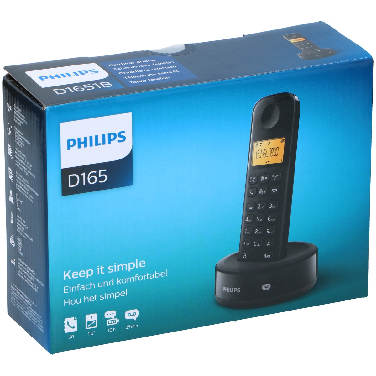 Philips D165 cordless phone on black charging base, box with blue gradient graphic.