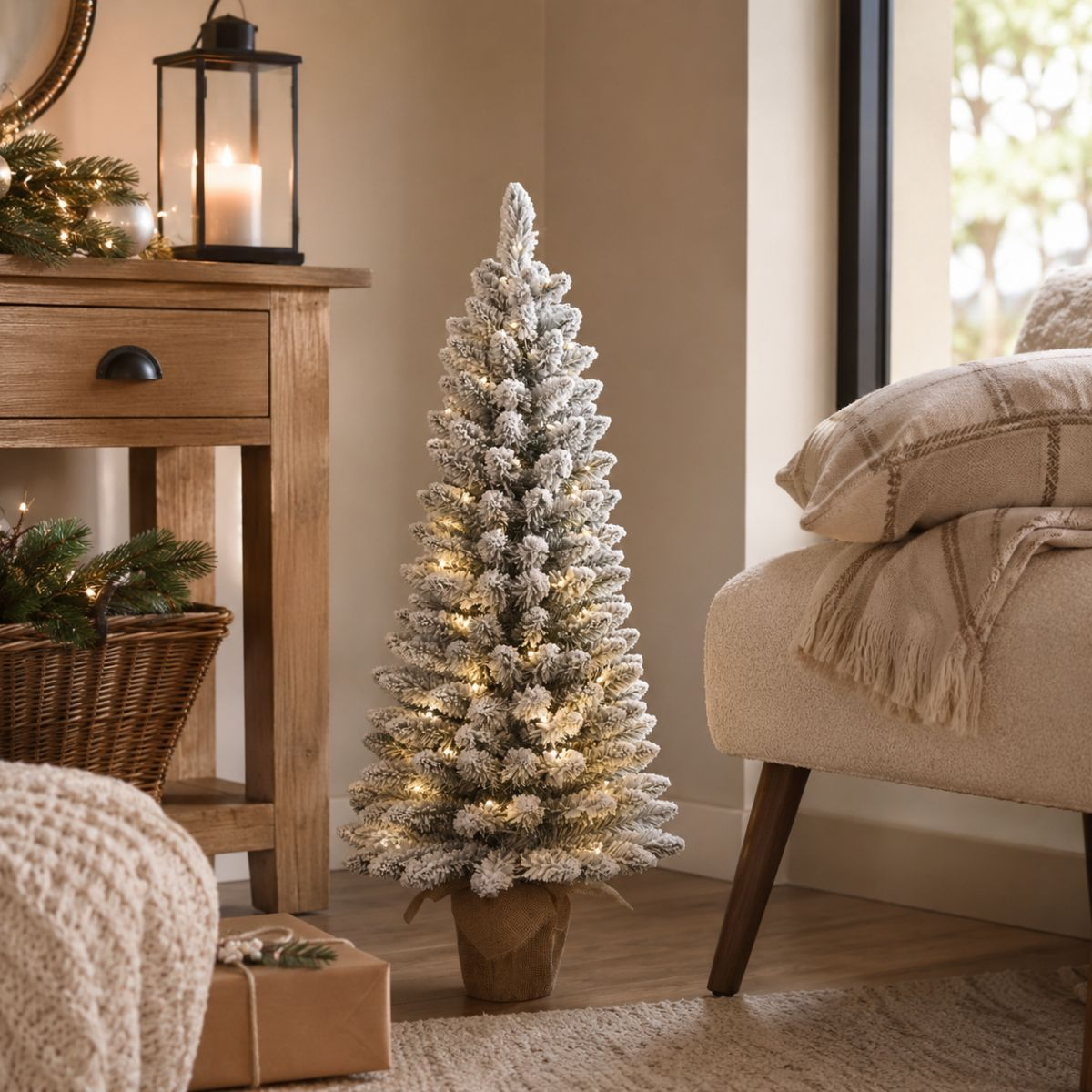 A small, lit Christmas tree with faux snow stands next to a wooden table.