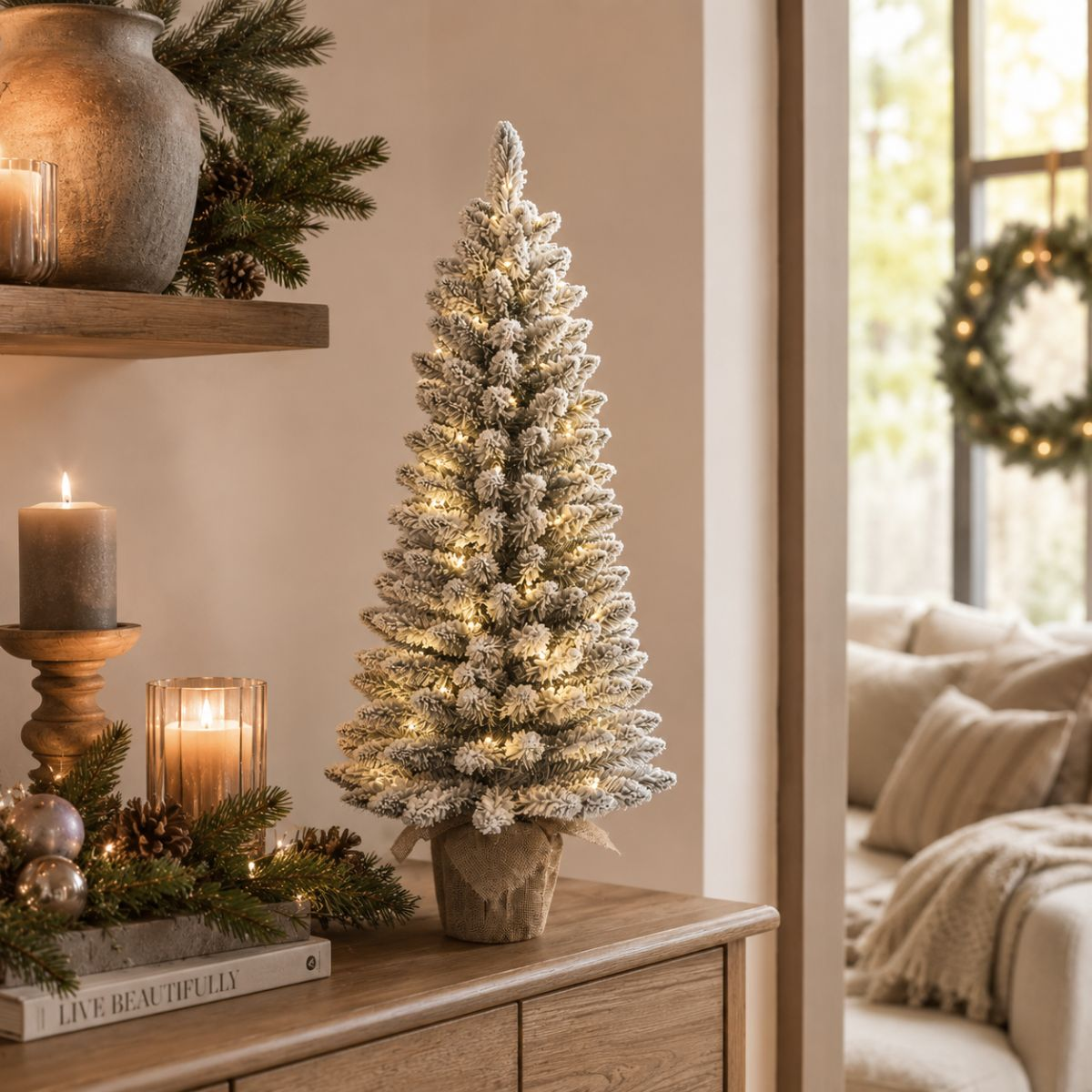 A small, snow-dusted tree with warm fairy lights sits on a wooden dresser.