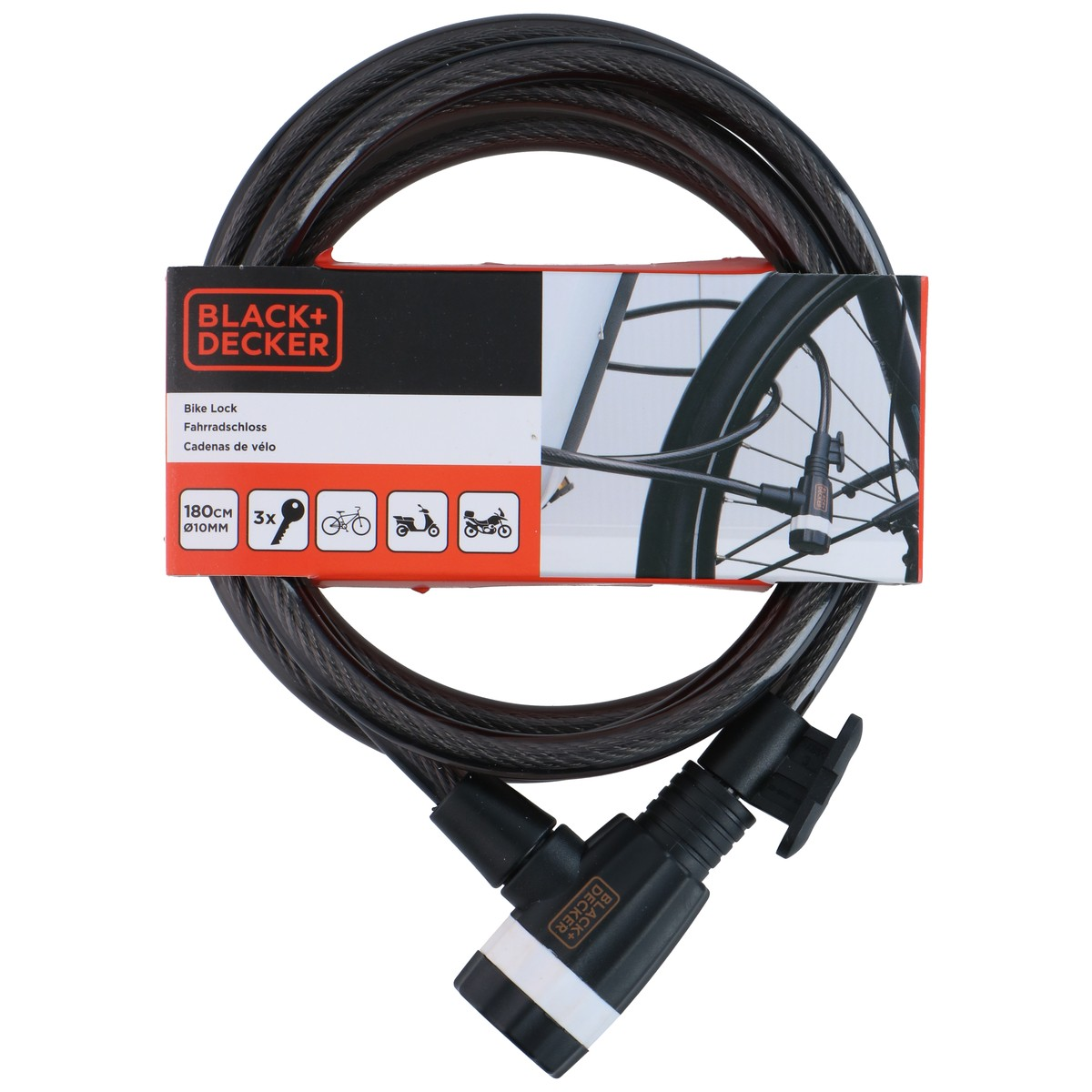 Black bicycle lock with a black cable and black lock body.