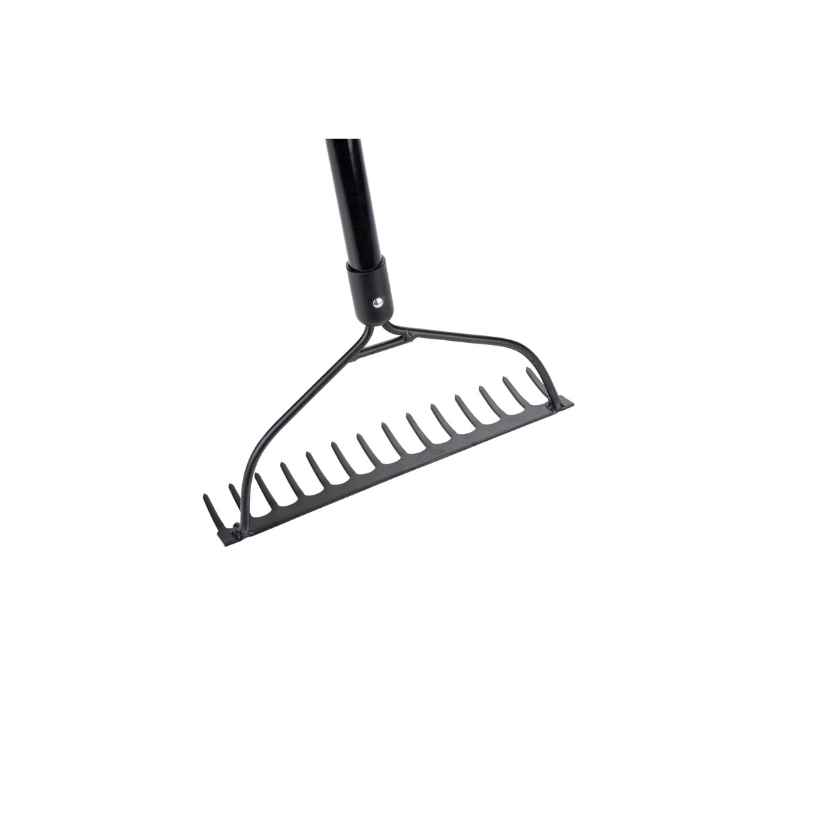 Black hand rake with a black handle, isolated on a white background.