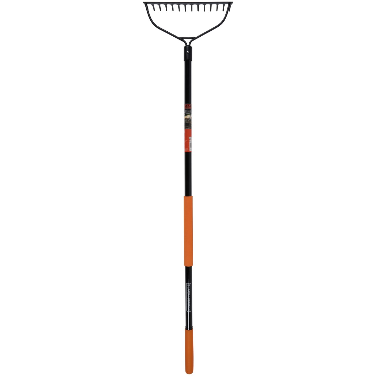 A black rake with an orange grip and a long handle.