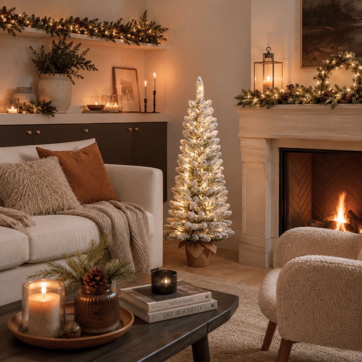 Cozy living room with fireplace, decorated Christmas tree, sofa, and coffee table.