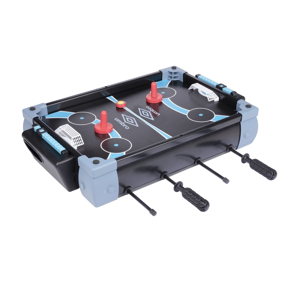Black and blue Umbro table football and air hockey game with red strikers and players.