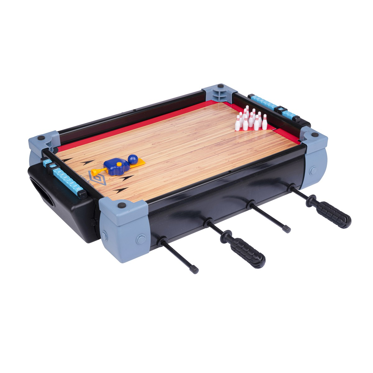 Mini tabletop game with bowling pins, ball, and foosball handles.