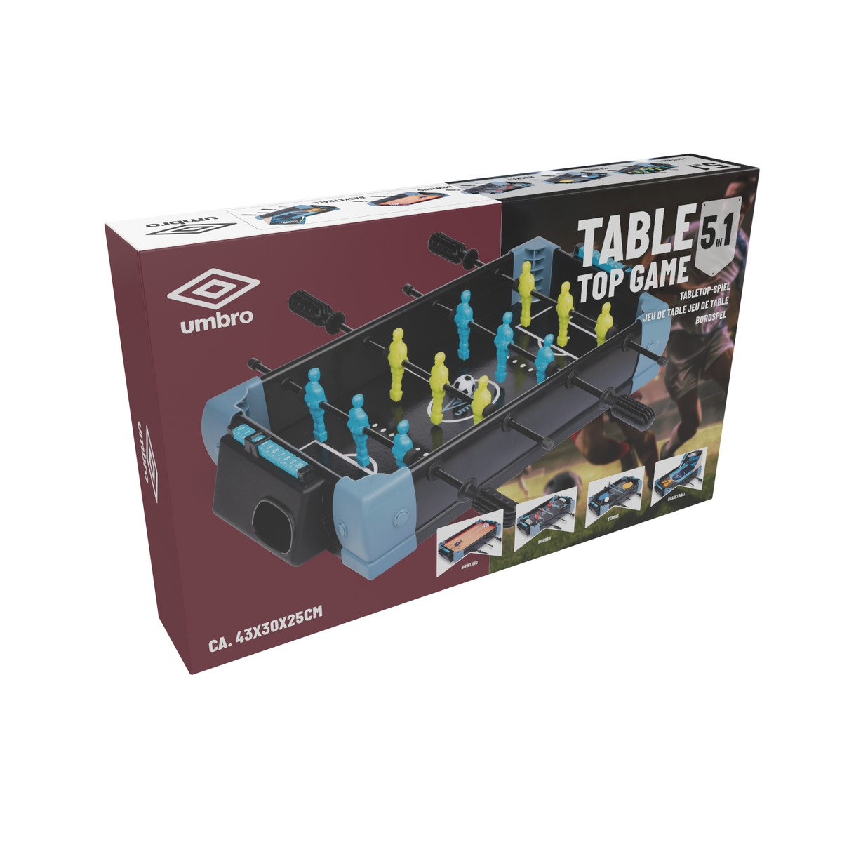 Box for a tabletop foosball game with blue and yellow figures.