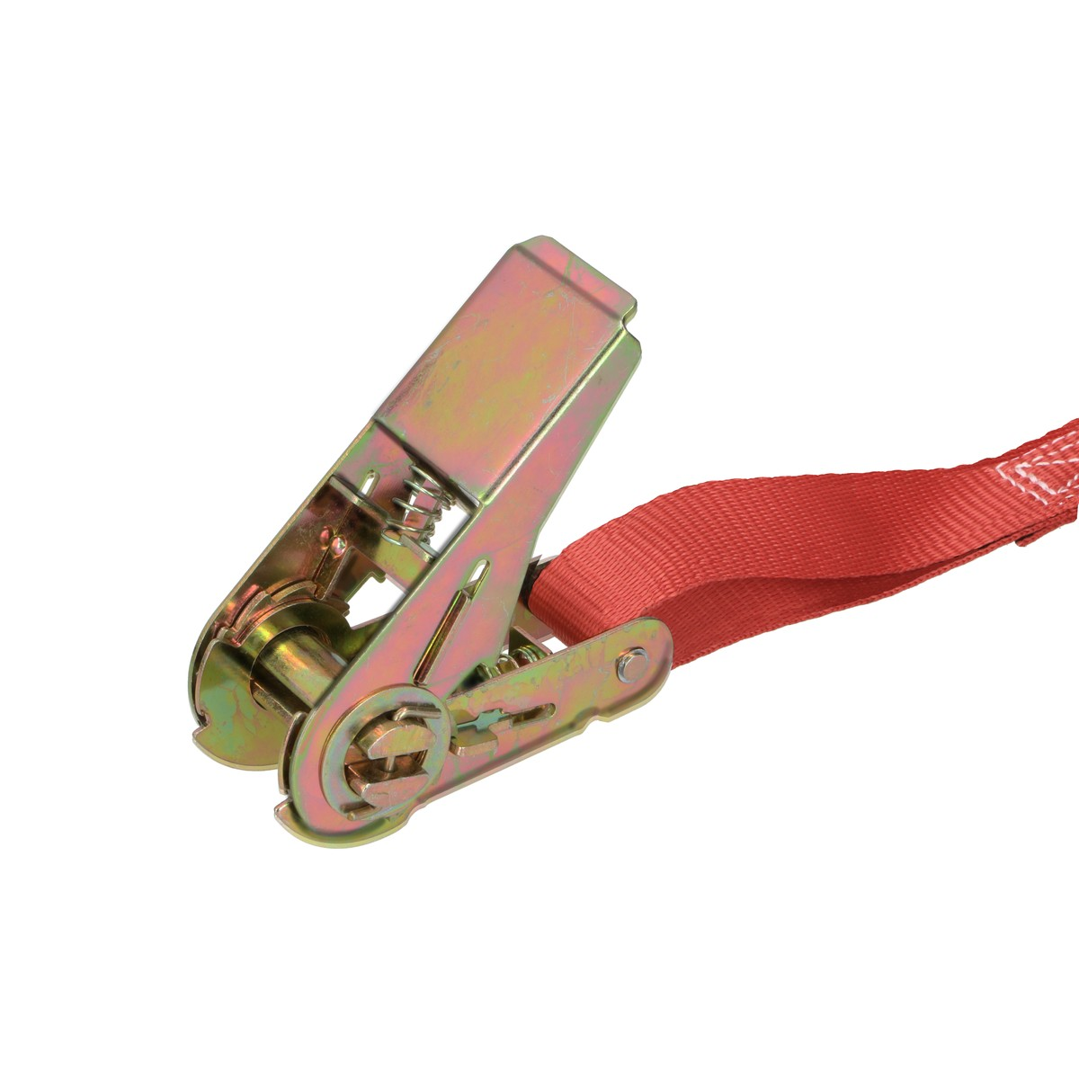 Ein rotes Ratschengurt mit silbernem Metallmechanismus, isoliert auf weißem Hintergrund.