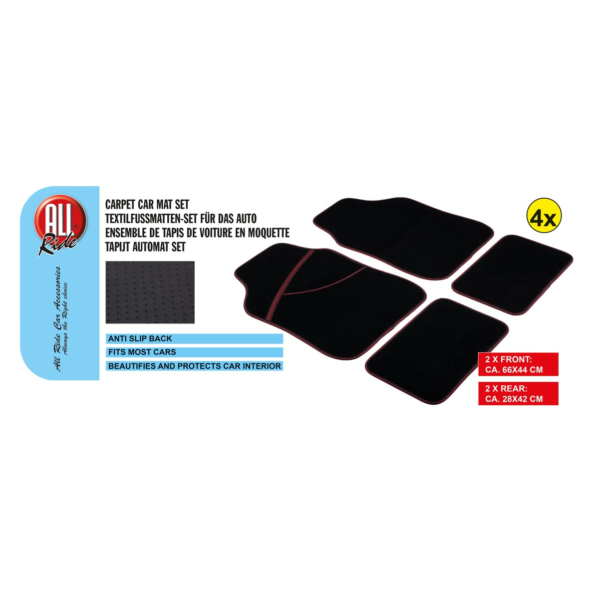 Four black car mats with red trim, two front and two rear pieces.