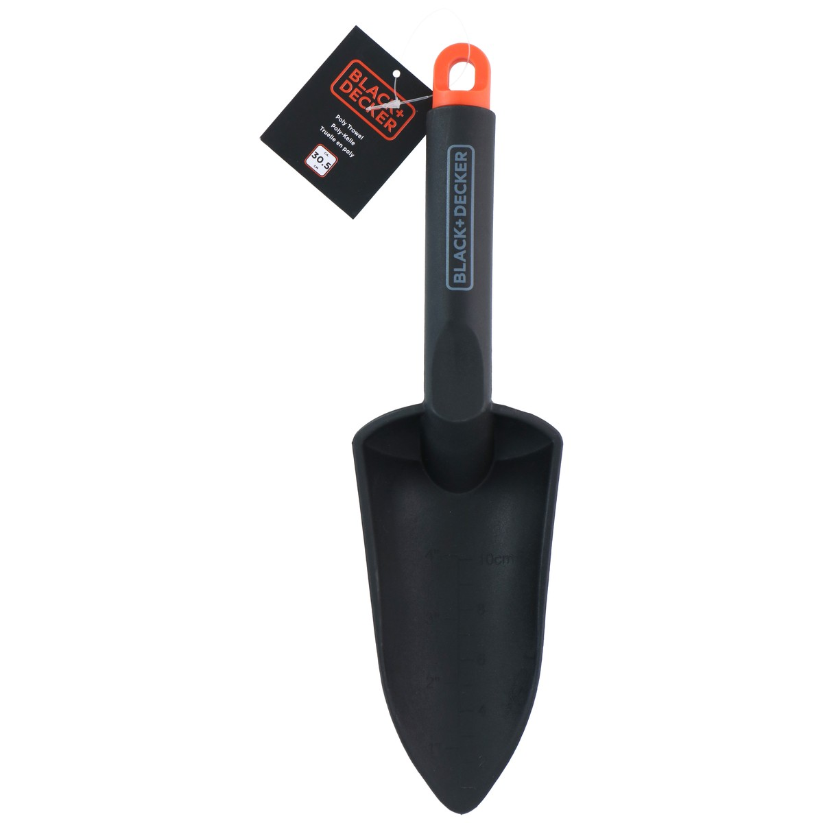 Black Black+Decker poly trowel with orange hanging hook and branding.