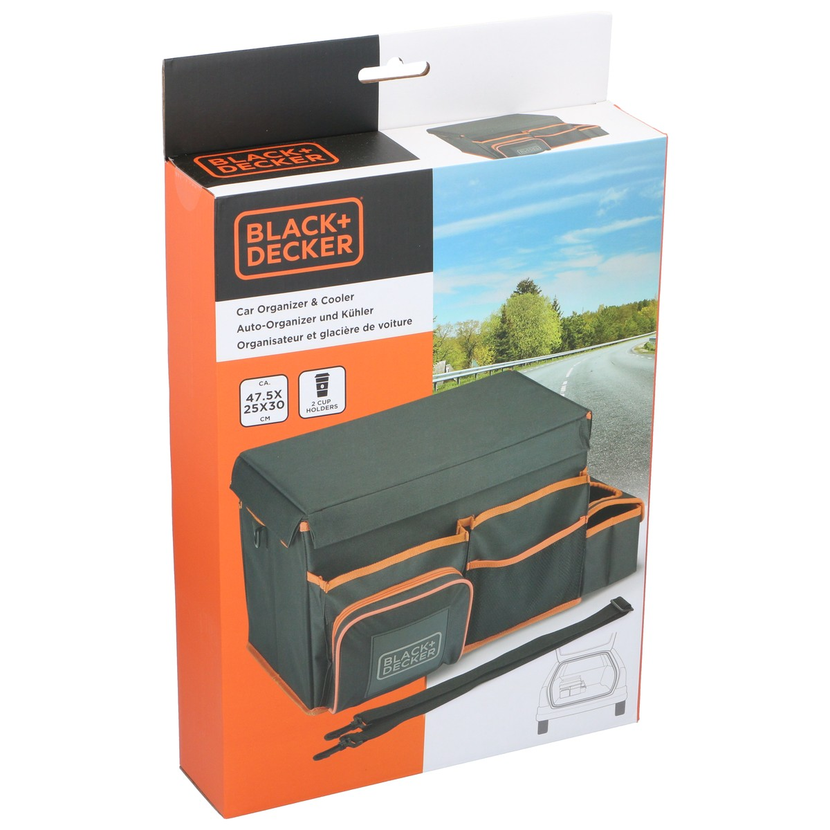 Black car organizer with orange trim and "Black+Decker" logo.