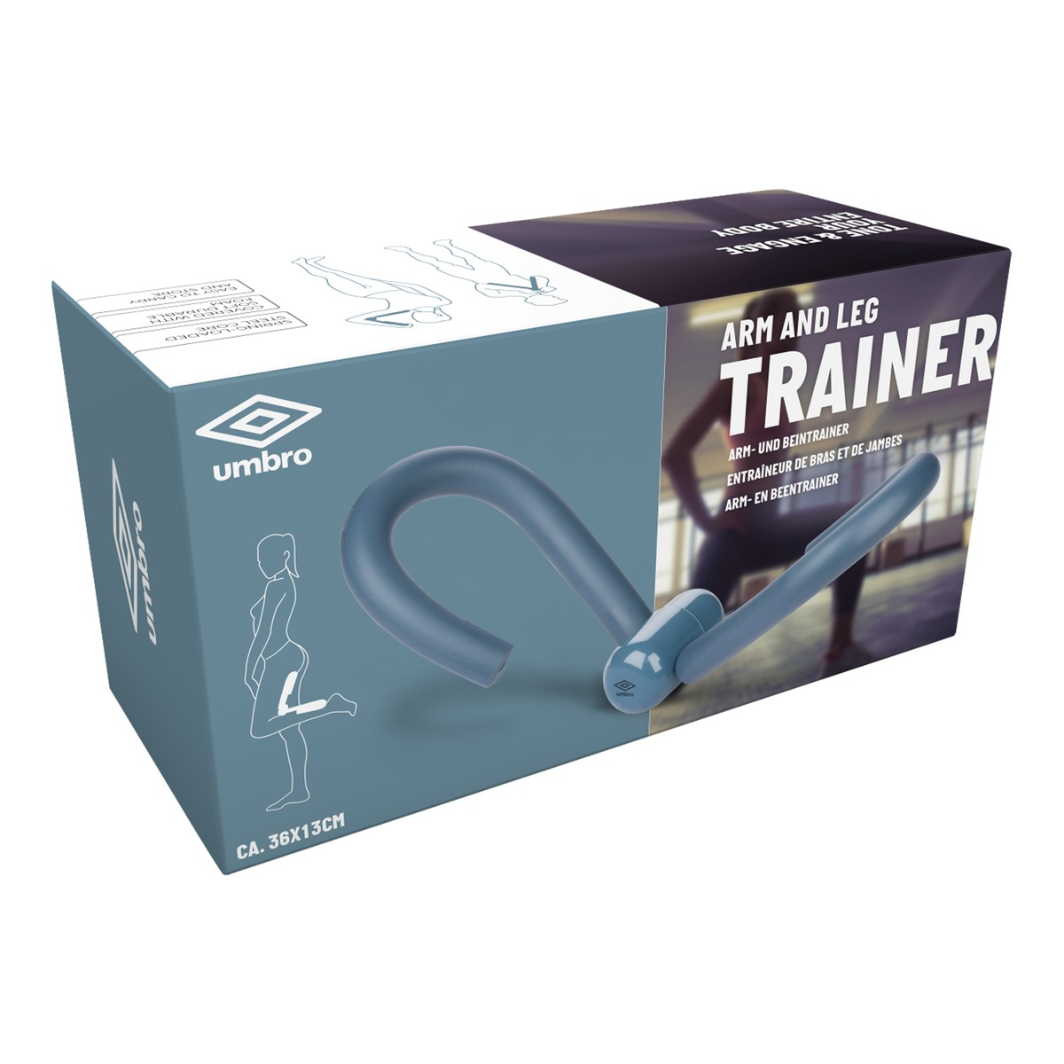Blue Umbro arm and leg trainer with illustration of woman and exercise device.