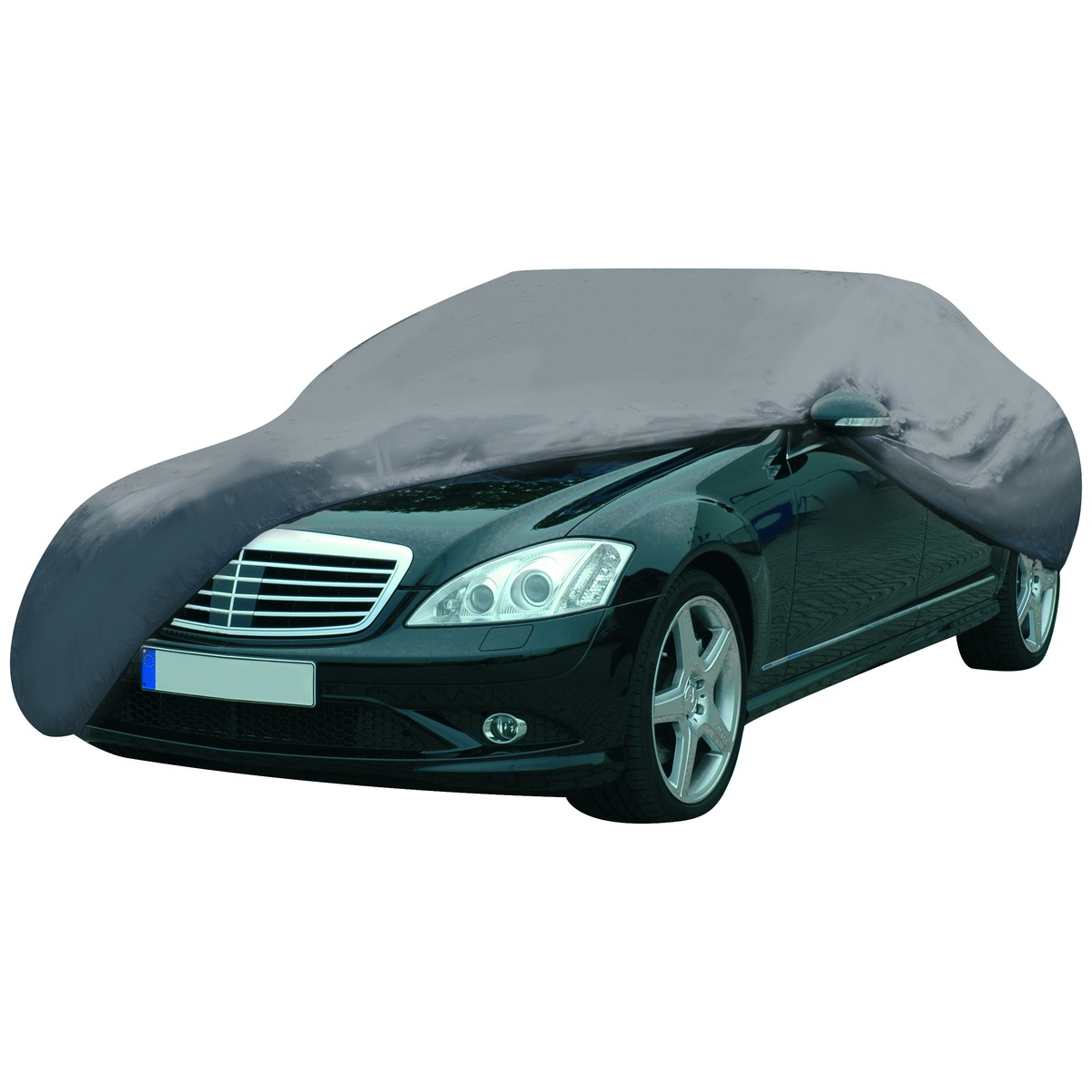 A black car is covered with a grey fabric cover over the front and top.