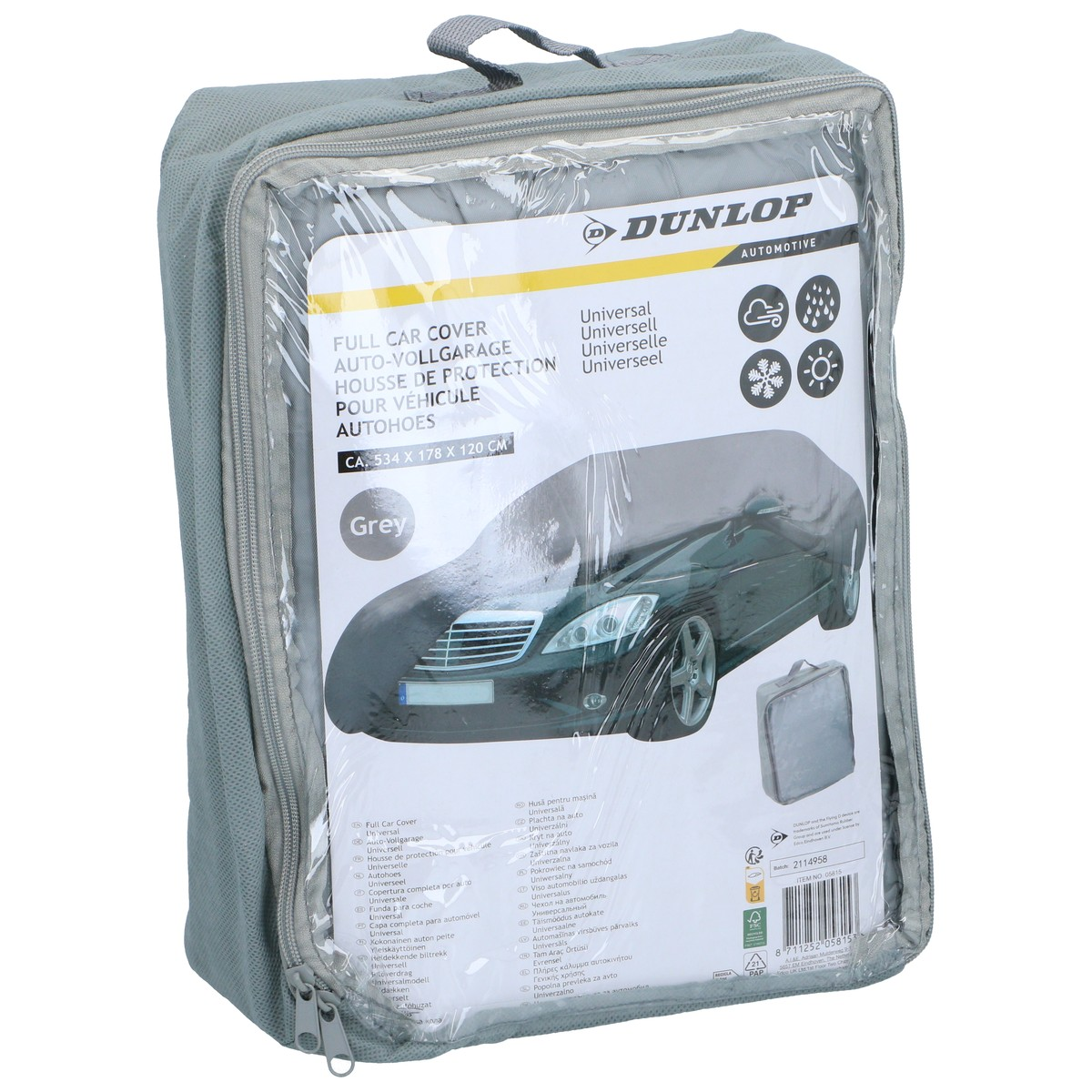 Grey car cover in a bag with Dunlop logo and weather icons.