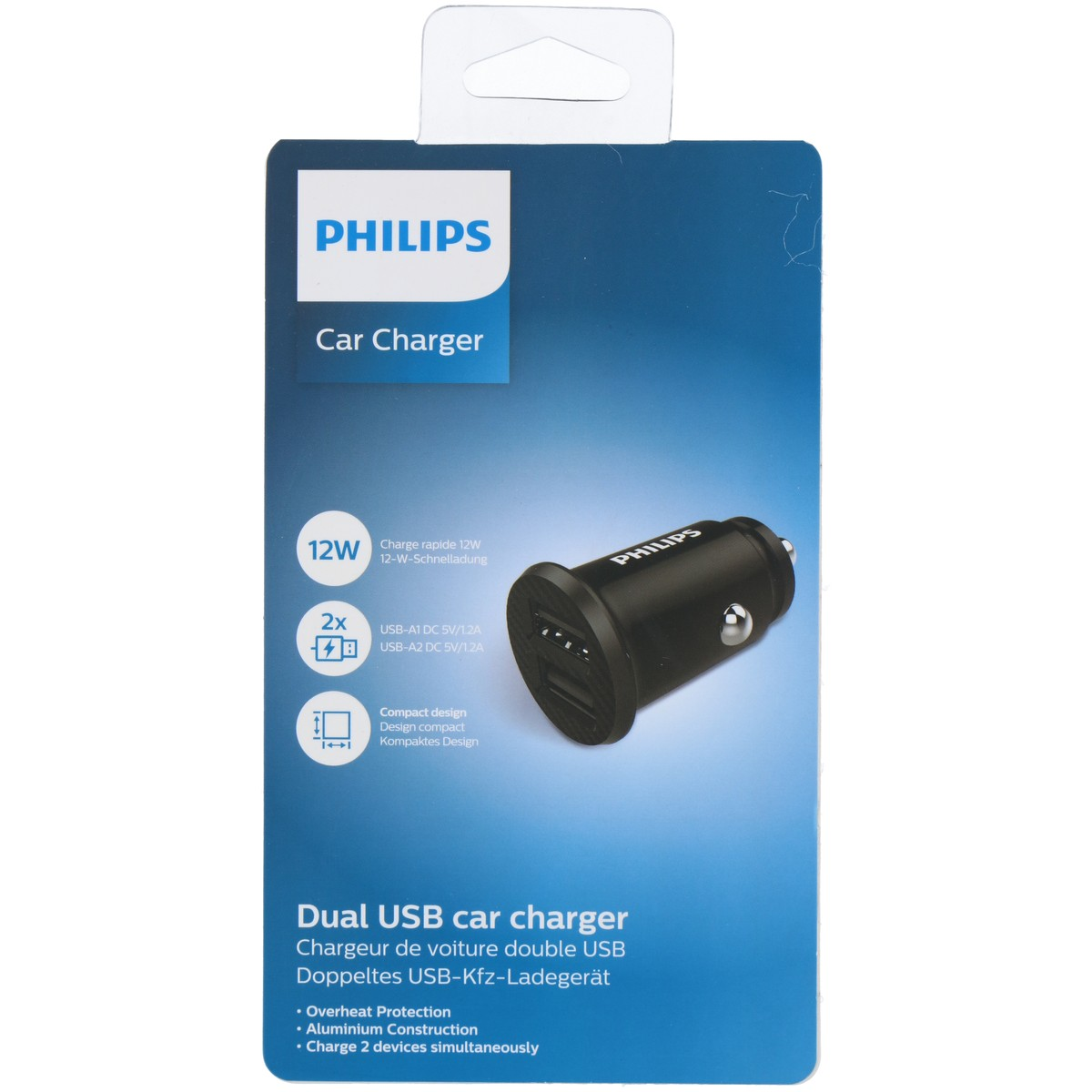 Philips dubbele USB autolader verpakking met productafbeelding.