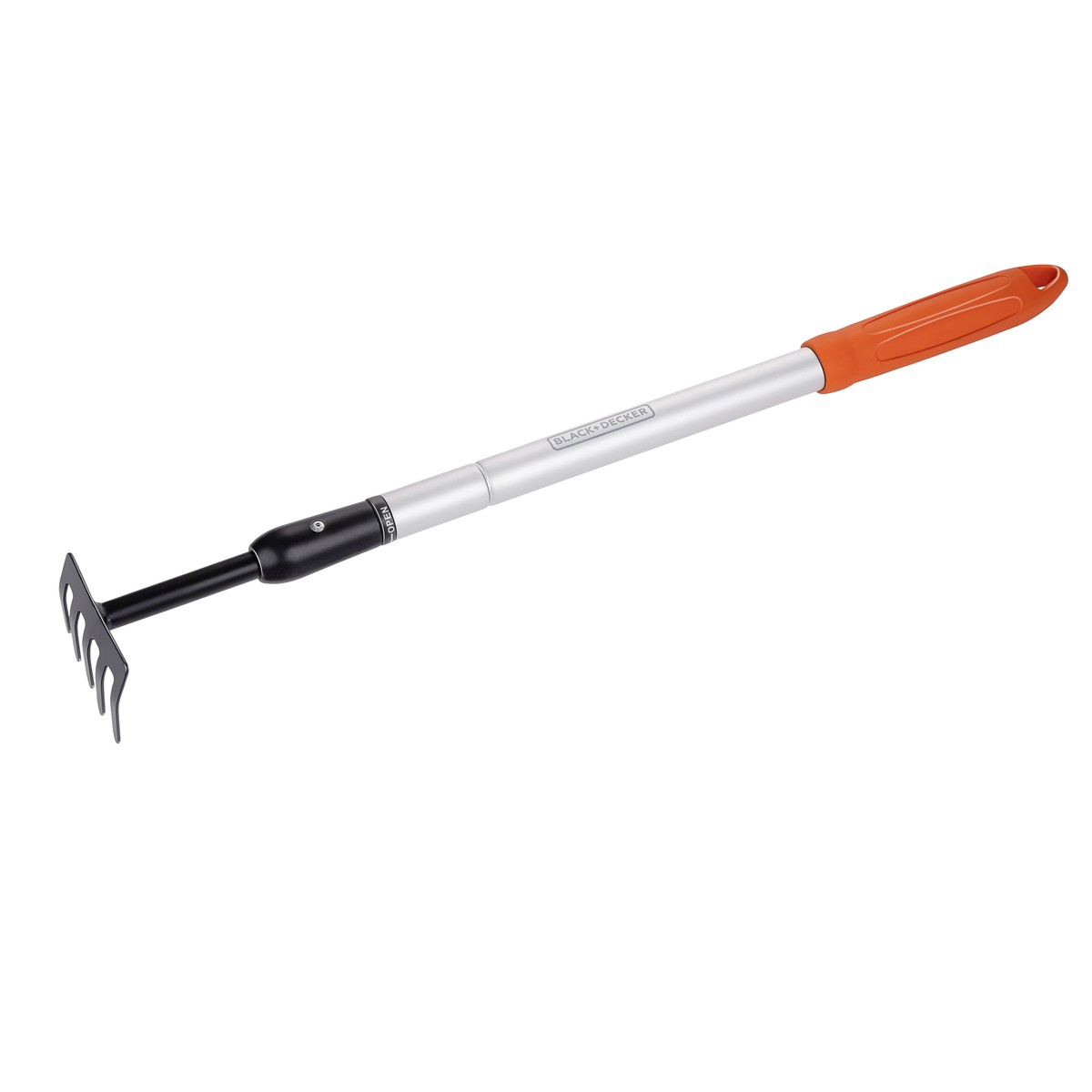 A Black+Decker adjustable rake with an orange handle on a white background.
