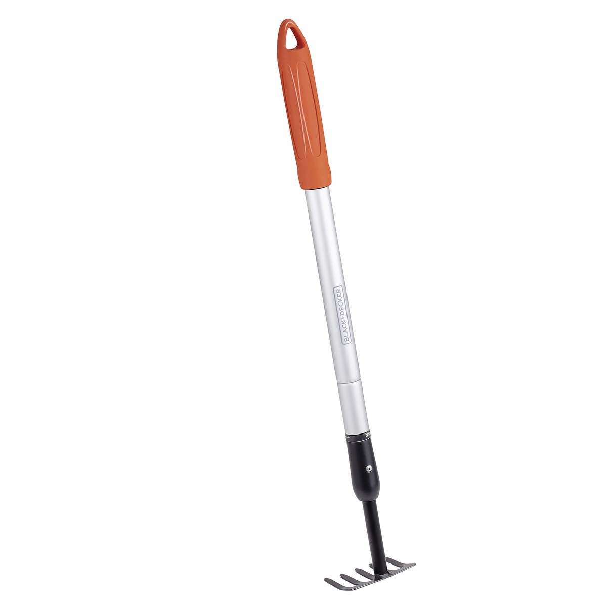 Garden tool with orange handle, silver shaft, and black tines.