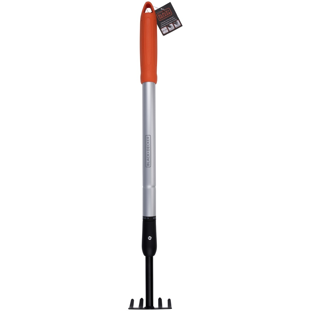 A black rake with a silver extendable handle and an orange grip.