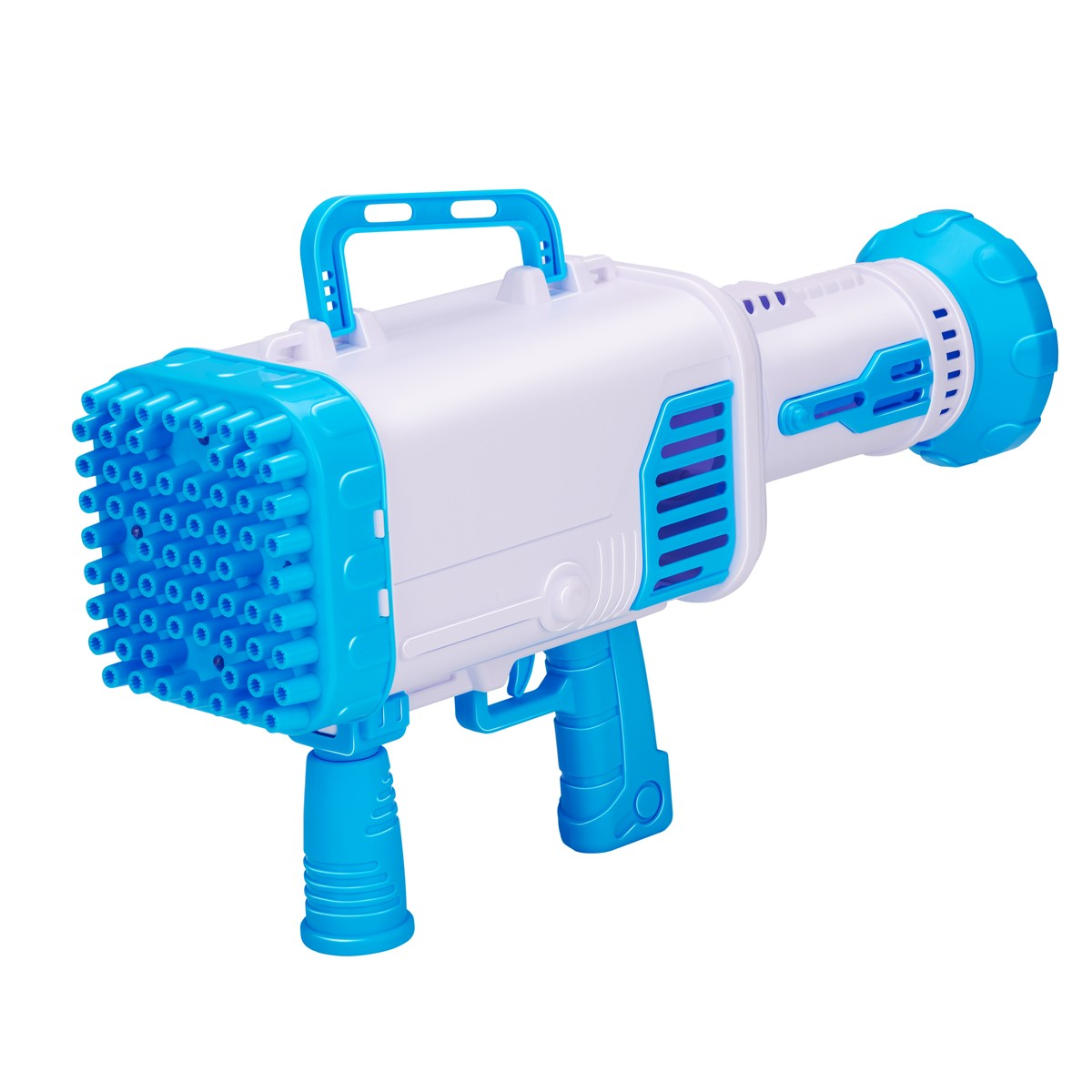 A white and blue bubble gun with many tubes at the front and a handle.