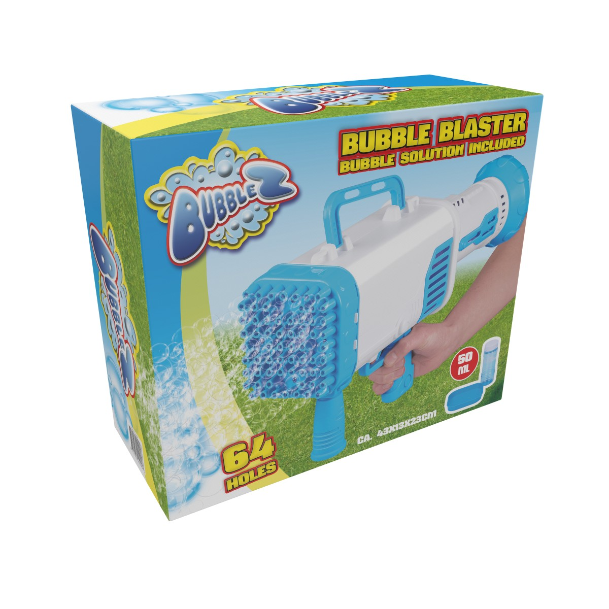 Box for a bubble blaster toy gun with 64 holes, producing bubbles.