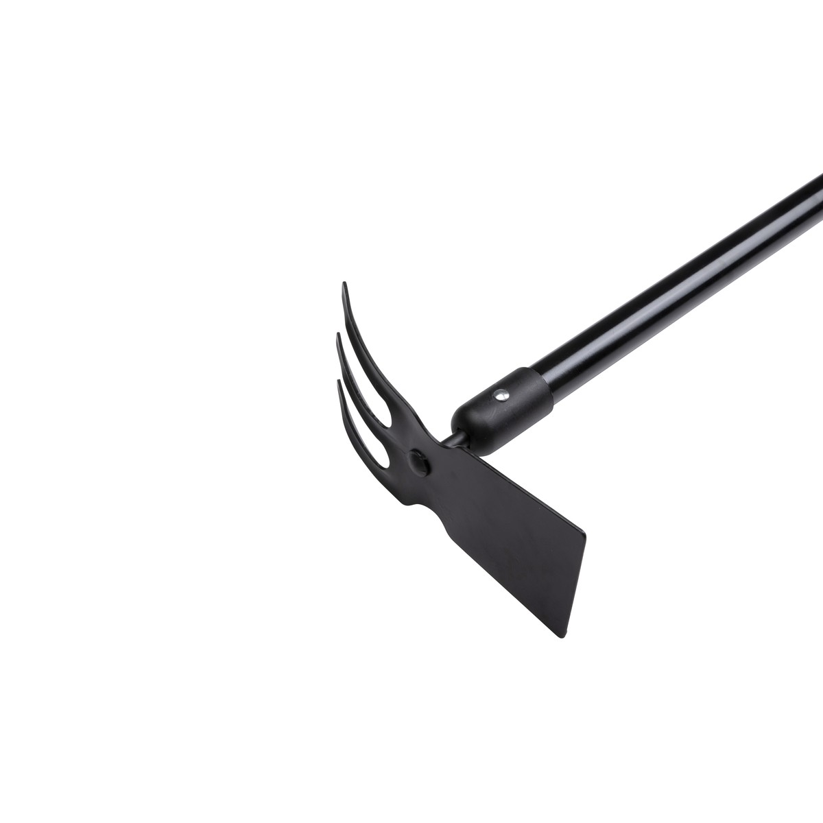 Black garden hoe with tines and blade on a white background.