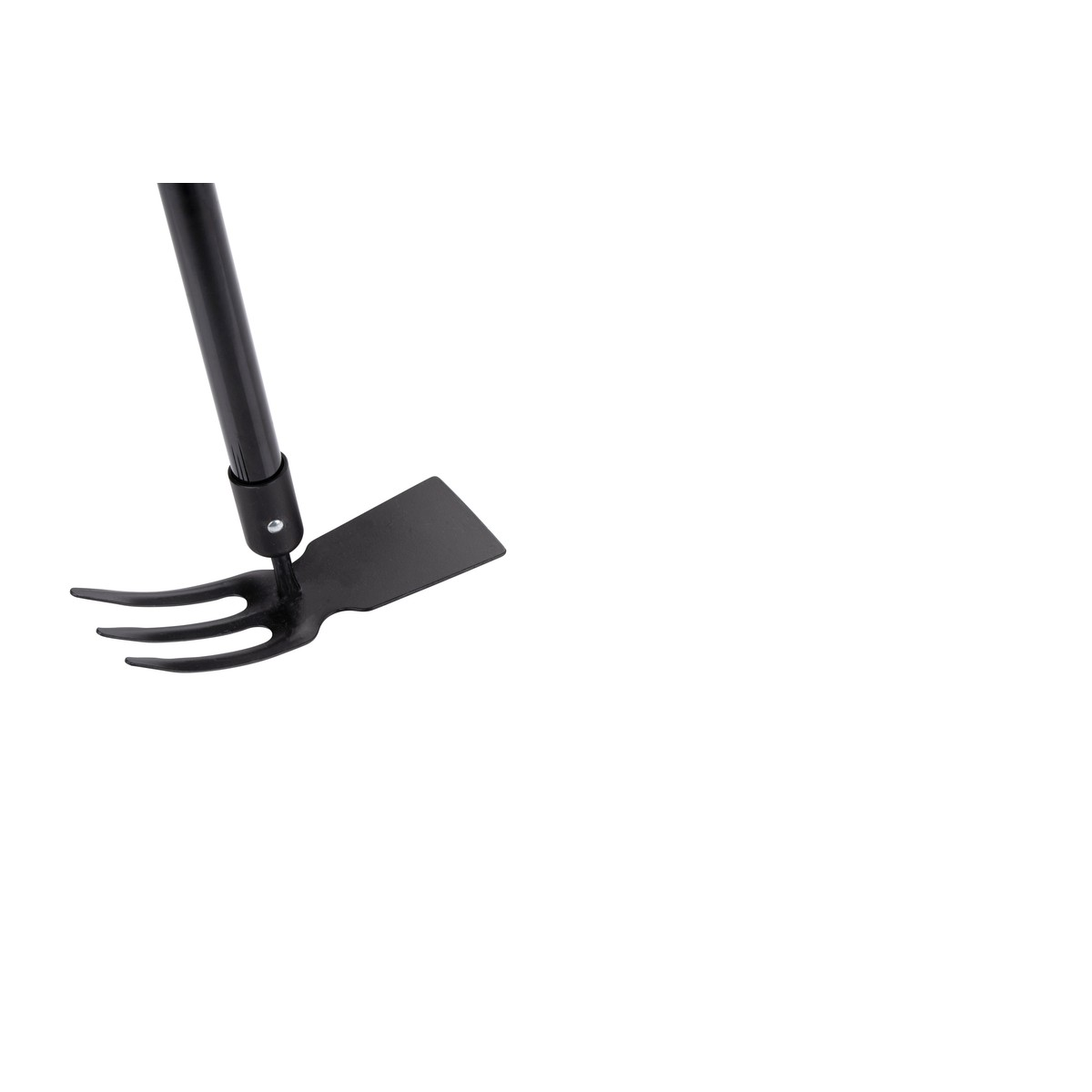 Black garden tool with fork and hoe on a white background.