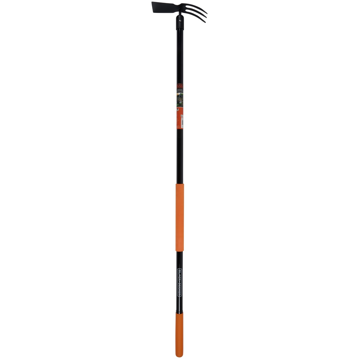 Gardening tool with black handle, orange grip, and metal head with hoe and rake.