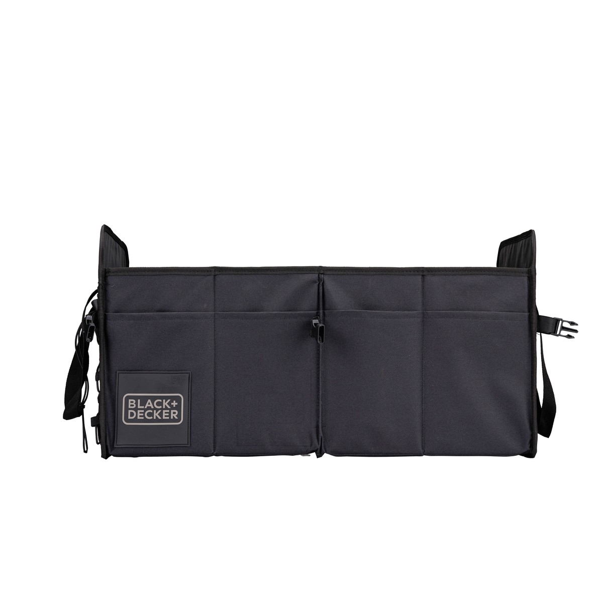 Black car trunk organizer with multiple pockets and a black logo.