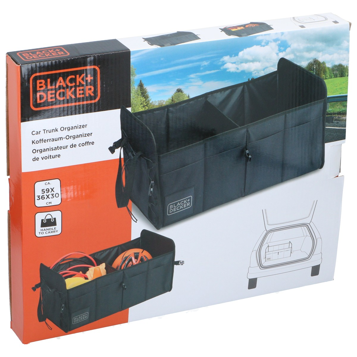 Black Black+Decker car trunk organizer with compartments and external pockets.