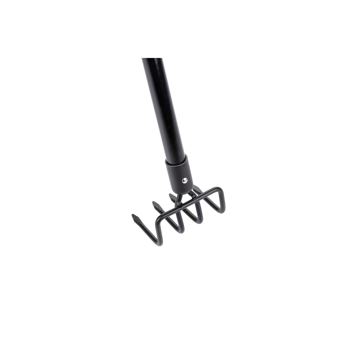 A black metal garden cultivator with four tines on a white background.