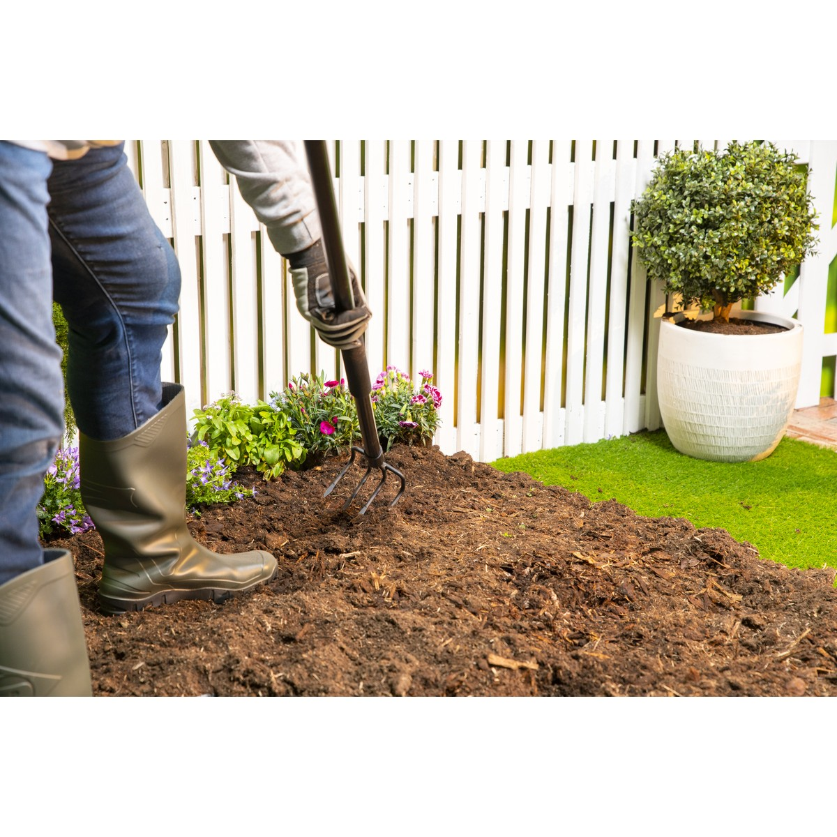 Person digs soil with a garden fork near flowers and a potted bush by a fence.