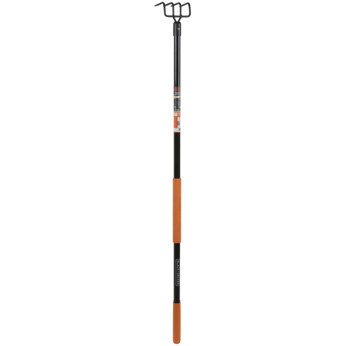 A black and orange garden rake with four tines.