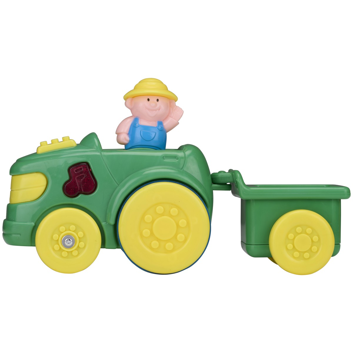 Tracteur jouet vert avec remorque et un fermier qui fait signe; sur fond blanc.