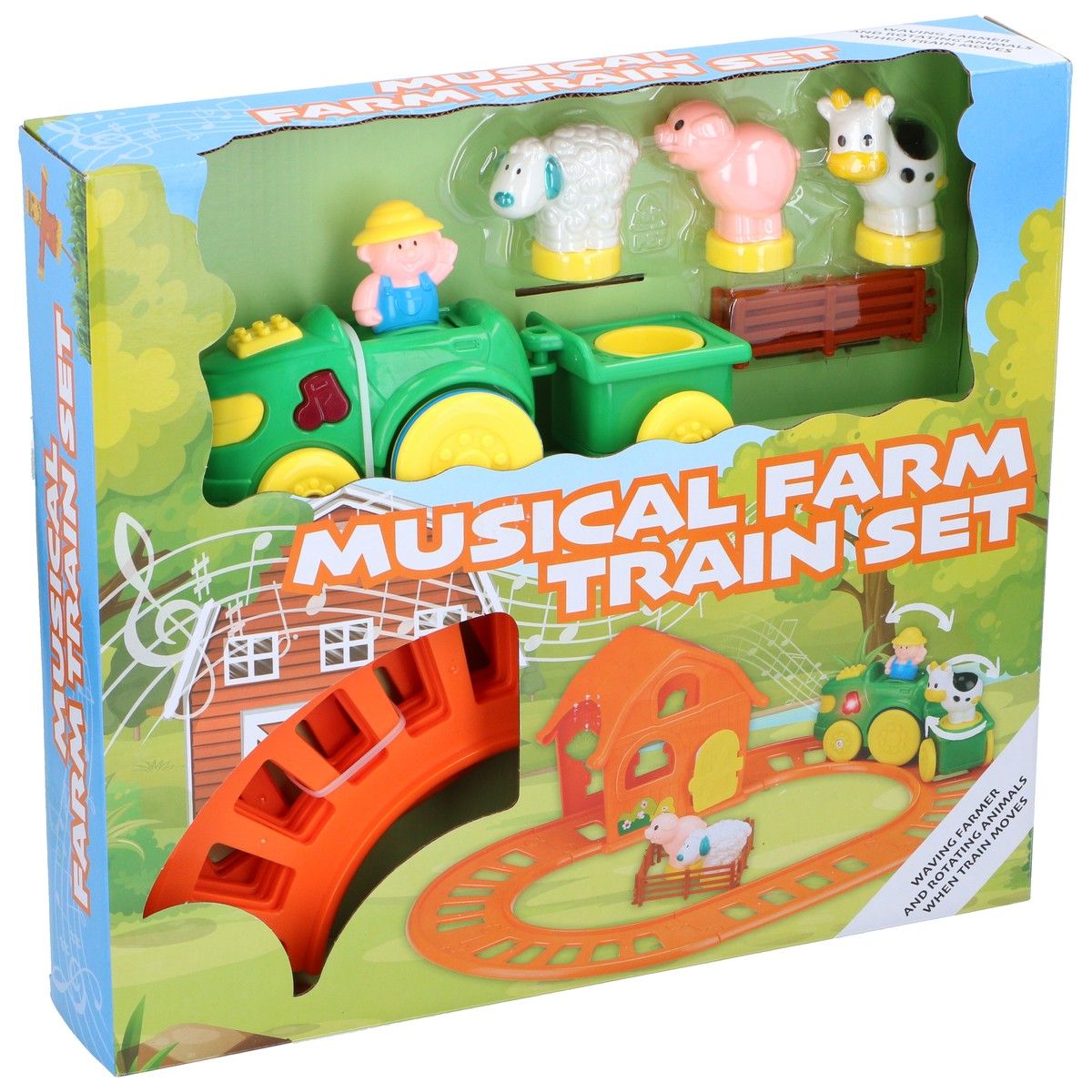 Jeu de train de ferme jouet avec train, animaux et bâtiments.