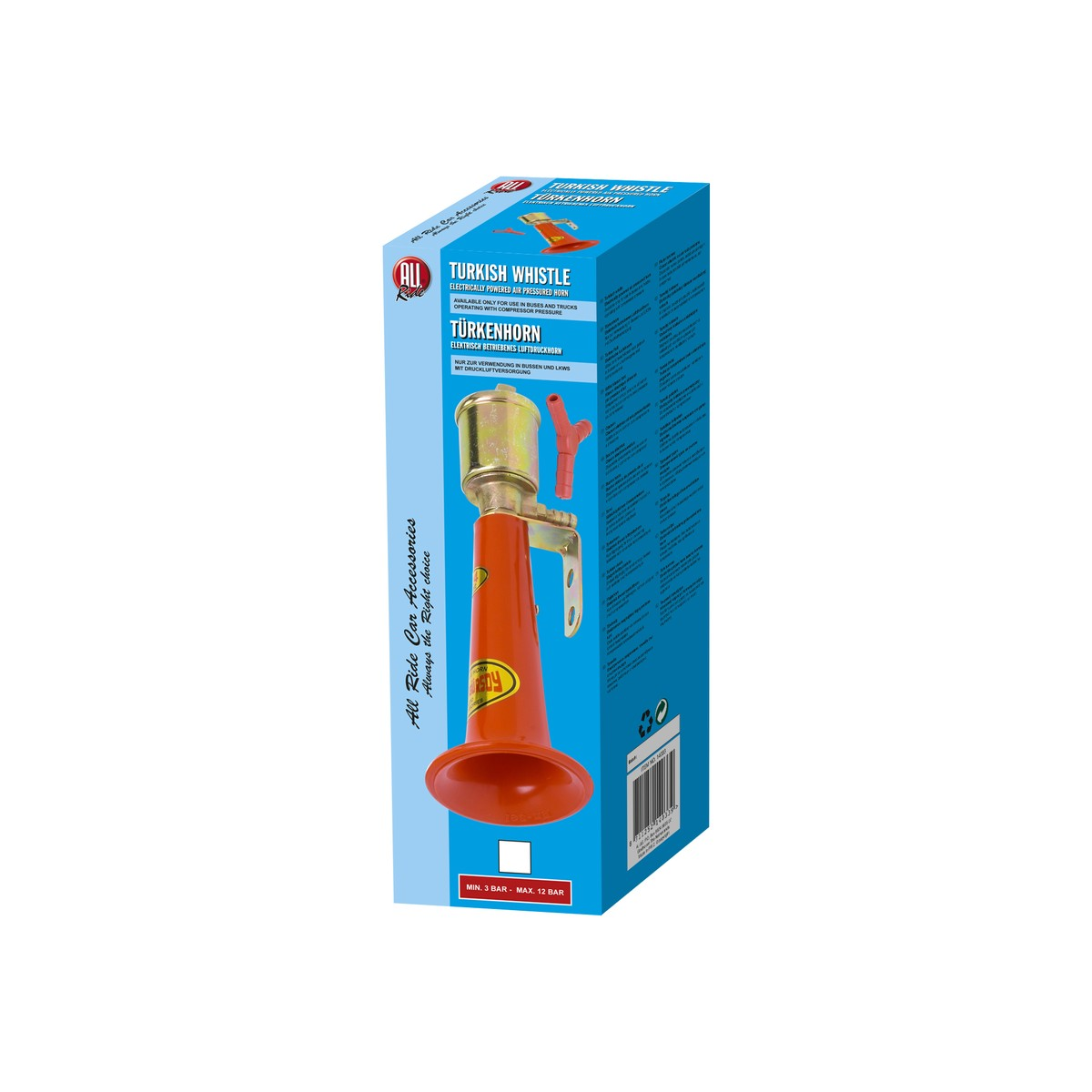 Een oranje Turkse fluit op een blauwe doos met tekst.