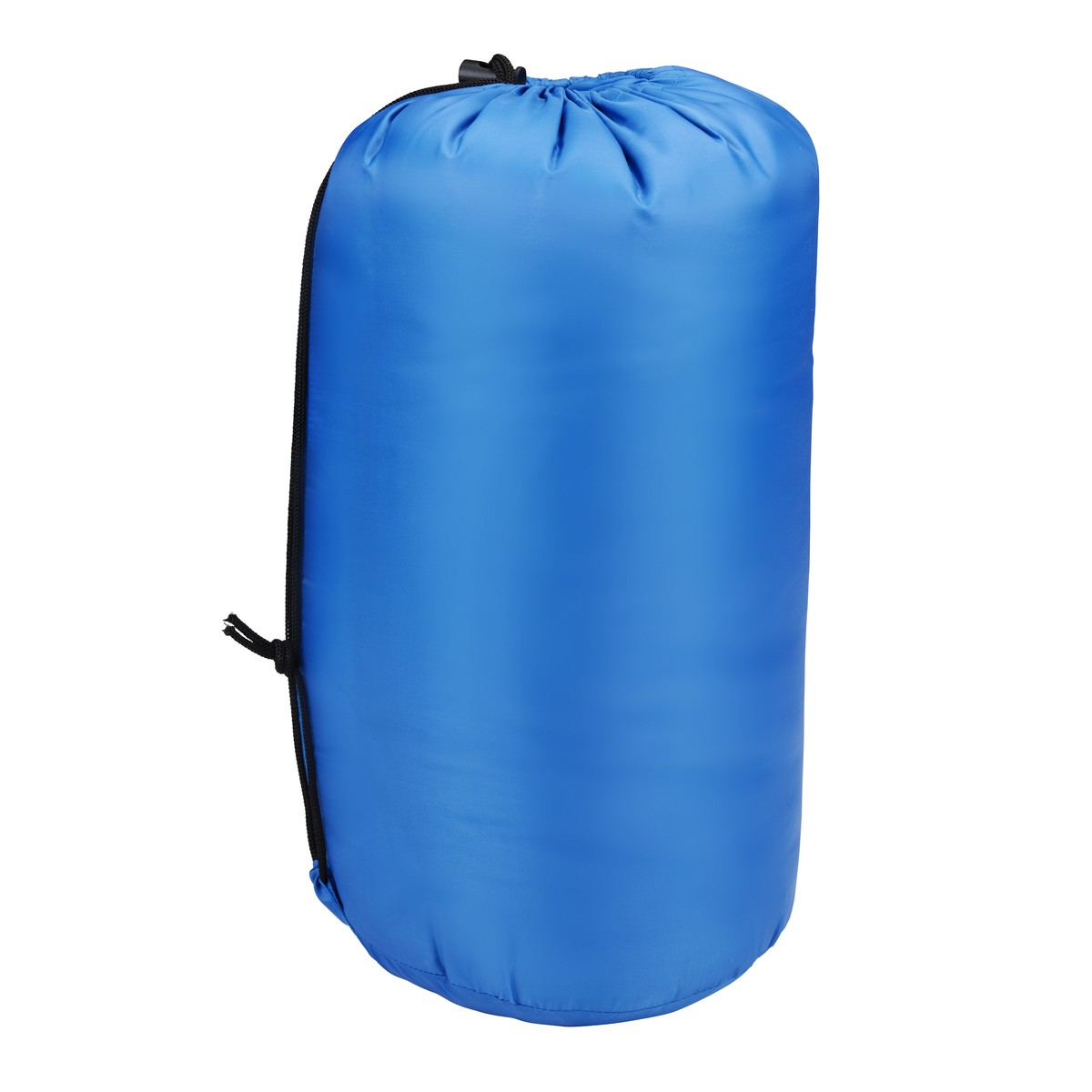 Un sac de couchage bleu enroulé avec cordon noir et sangle de transport.